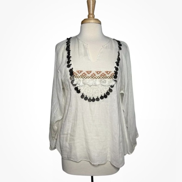 Mes Demoiselles Paris Boho Beaded Coin Cotton Summer Off White Top Size 6 - Picture 7 of 7